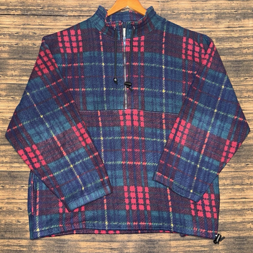 Trail's End Pullover Fleece Mens L Red Blue Vintage Tartan Plaid Quarter Zip